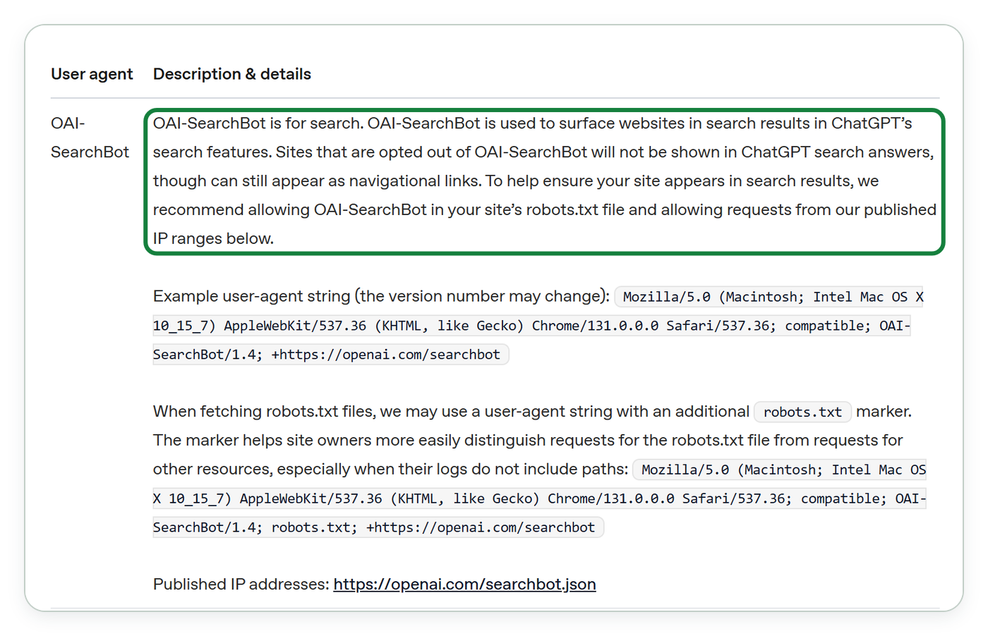 صفحة توثيق OpenAI «Overview of OpenAI Crawlers» على developers.openai.com، وفيها جدول الزواحف وصف OAI-SearchBot، وأنه يُستعمل لإظهار المواقع في نتائج بحث ChatGPT، وأن المواقع التي تمنعه لا تظهر في إجابات البحث، وأن OpenAI توصي بالسماح له في robots.txt وبالسماح لعناوين IP التي تنشرها.