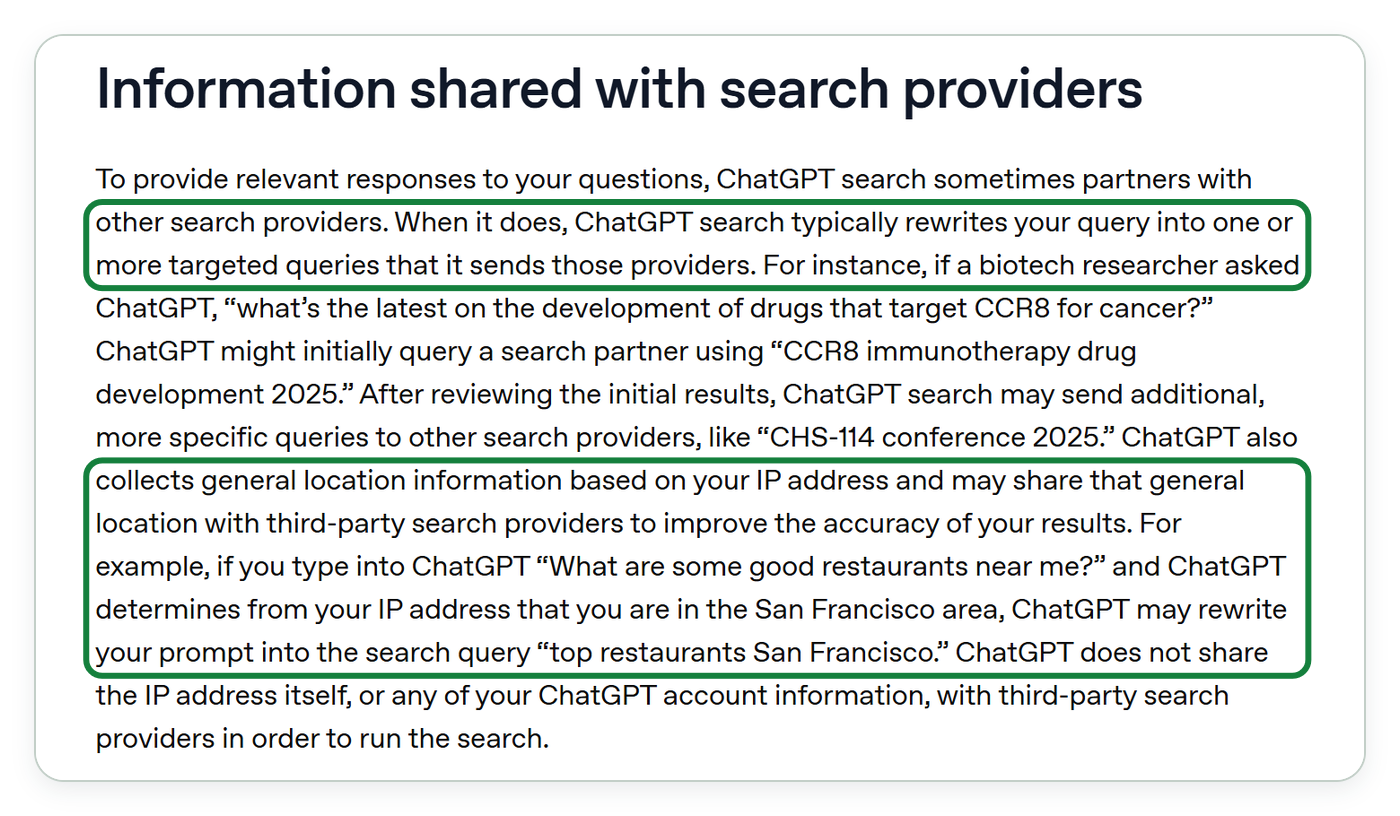 صفحة المساعدة عند OpenAI «Searching the web with ChatGPT» مفتوحة على قسم Information shared with search providers، وفيه أن بحث ChatGPT يعيد كتابة سؤال المستخدم في استعلام أو أكثر يرسله إلى مزوّدي البحث، وأنه يعرف مكان السائل التقريبي من عنوان IP، ومثال «What are some good restaurants near me?» الذي يصير «top restaurants San Francisco».