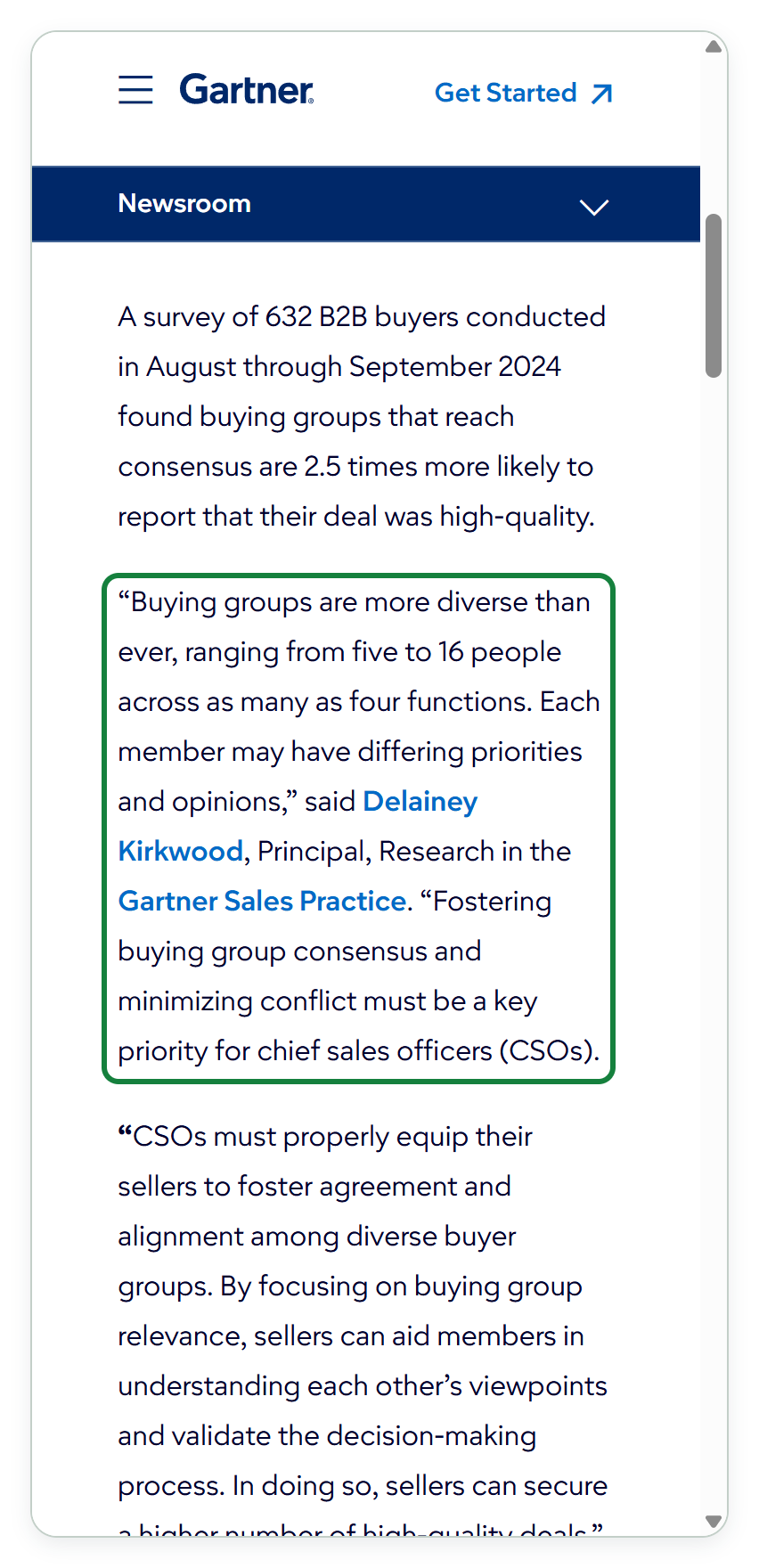 صفحة بيان صحفي من Gartner بالإنجليزية بمقاس شاشة هاتف، في أعلاها شعار Gartner وشريط Newsroom الأزرق، ثم فقرة عن استطلاع 632 مشتريًا في أغسطس وسبتمبر 2024، ثم اقتباس يبدأ Buying groups are more diverse than ever, ranging from five to 16 people across as many as four functions.