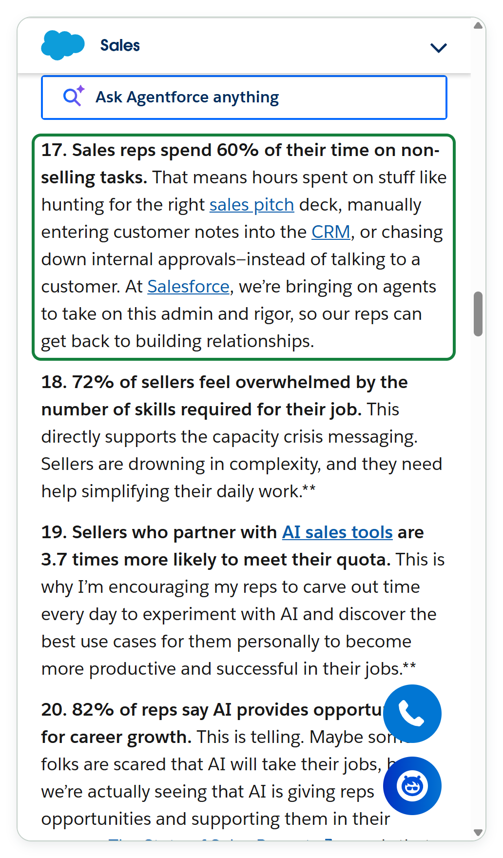 صفحة إنجليزية من Salesforce بخلفية بيضاء، في أعلاها شعار Salesforce وكلمة Sales وخانة بحث مكتوب فيها Ask Agentforce anything، ثم قائمة مرقّمة من الإحصاءات. البند 17 يقول Sales reps spend 60% of their time on non-selling tasks، ويذكر manually entering customer notes into the CRM، وتحته البنود 18 إلى 20 وزرّان عائمان أزرقان.